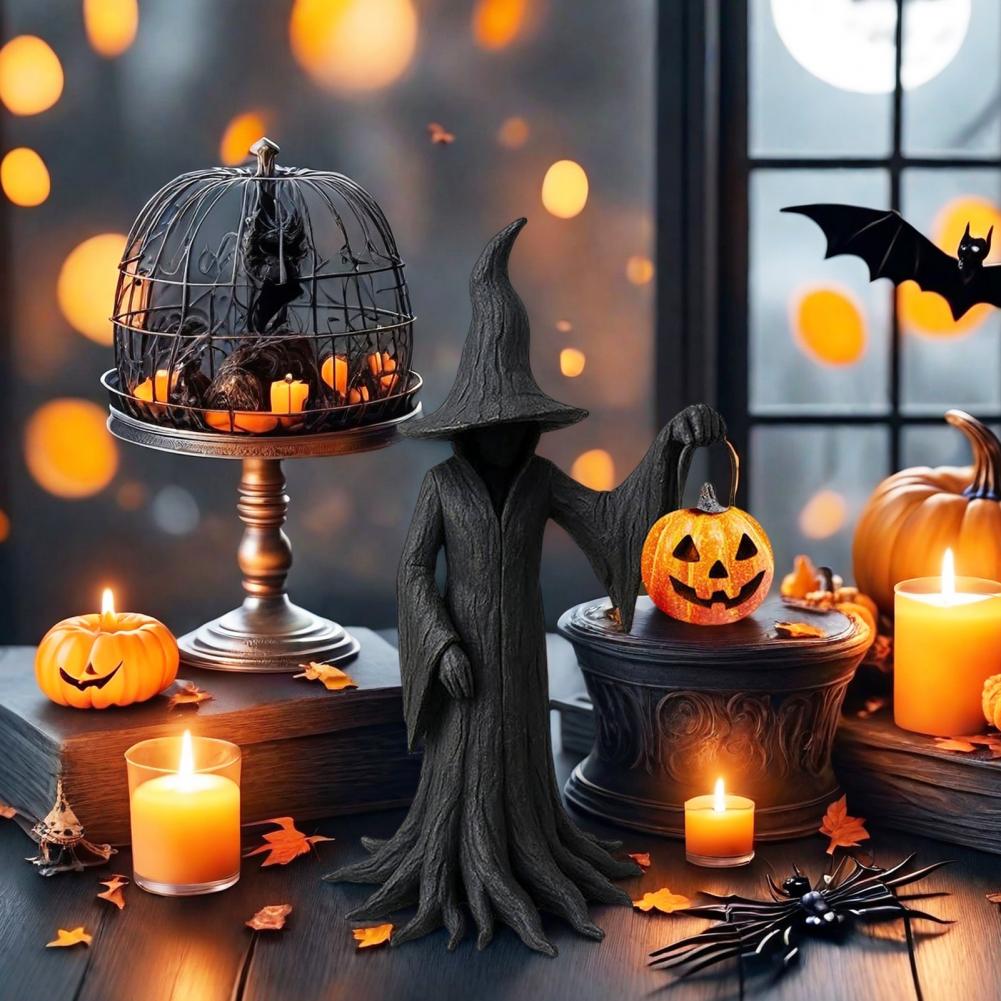 Witch Statue for Halloween Enchanting Witch Figurine with Pumpkin Resin Tabletop Ornament for Haunted House Decor