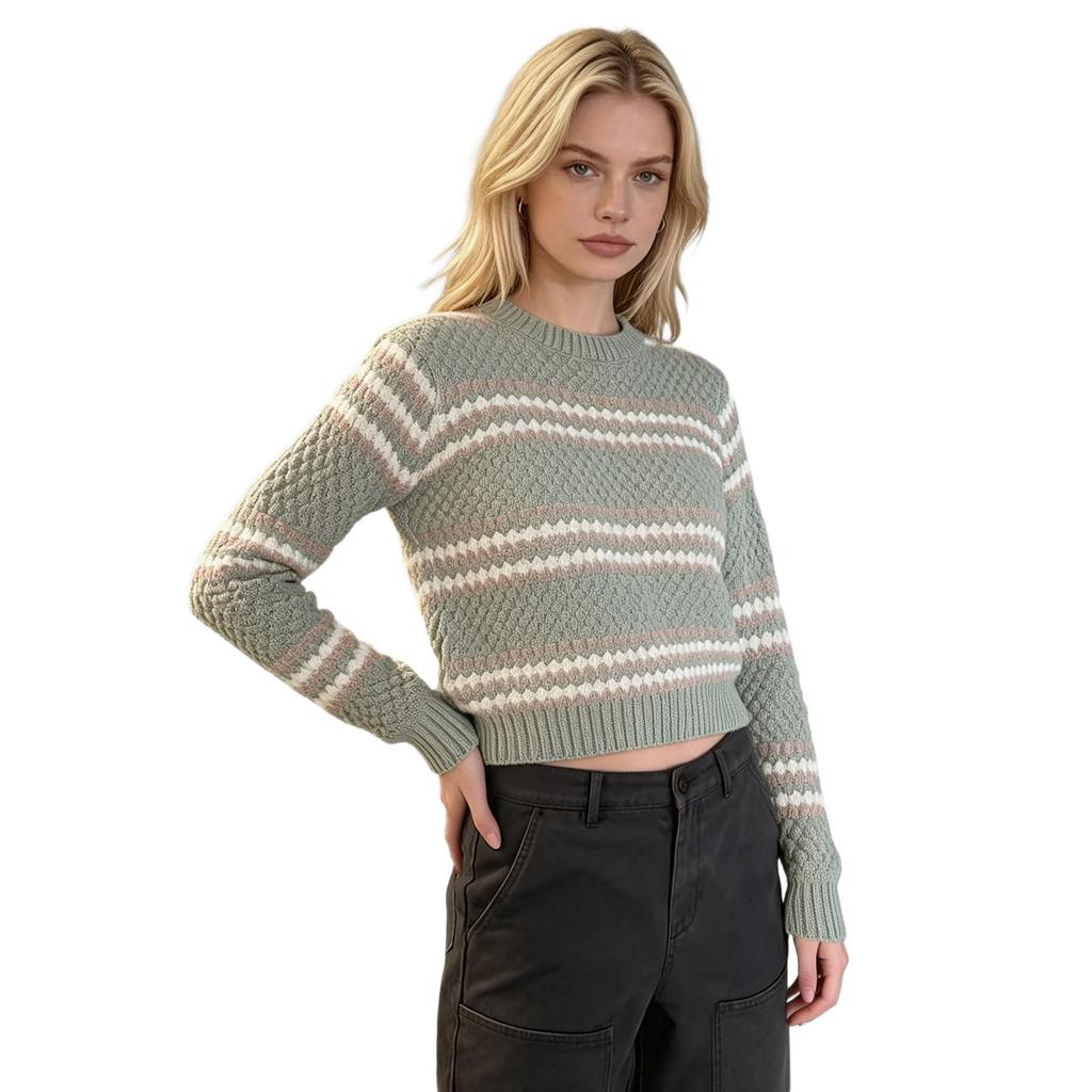 Winter New European and American Short Knit Sweater for Women, Crew Neck Striped Color-block Slimming Top