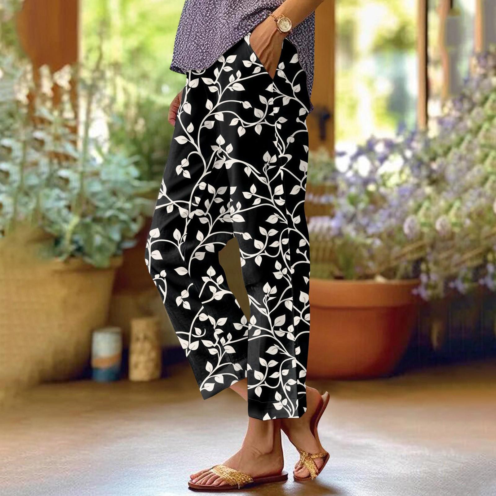 Women s Fashionable Floral Print Straight Leg Pocket Elastic Waist Casual Pants Pants S