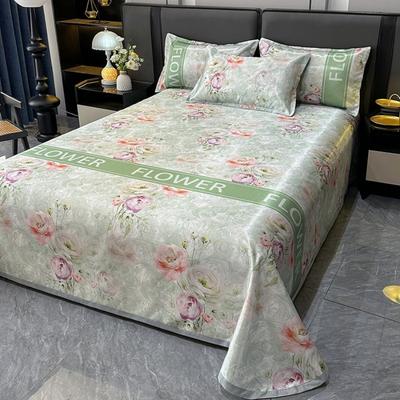Nordic Style Floral Printed Cooling Mat Set Summer Skin Friendly Ice Silk Bed Sheet Set With Pillowcase Breathable Bed Mattress