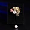 Cloth Art Fabric Double Blooming Flower Brooch For Women Men Dainty Imitation Pearl Leaf Floral Long Needle Pins Wedding Jewelry