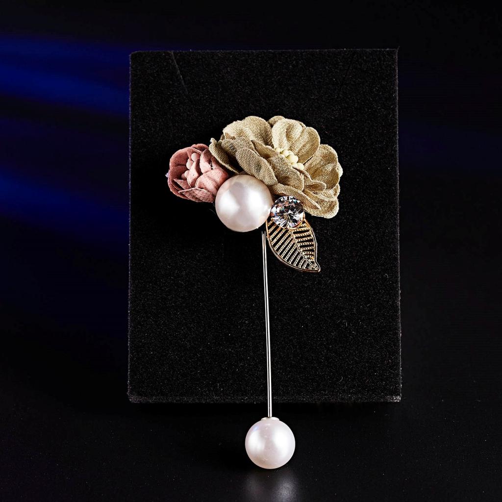 Cloth Art Fabric Double Blooming Flower Brooch For Women Men Dainty Imitation Pearl Leaf Floral Long Needle Pins Wedding Jewelry