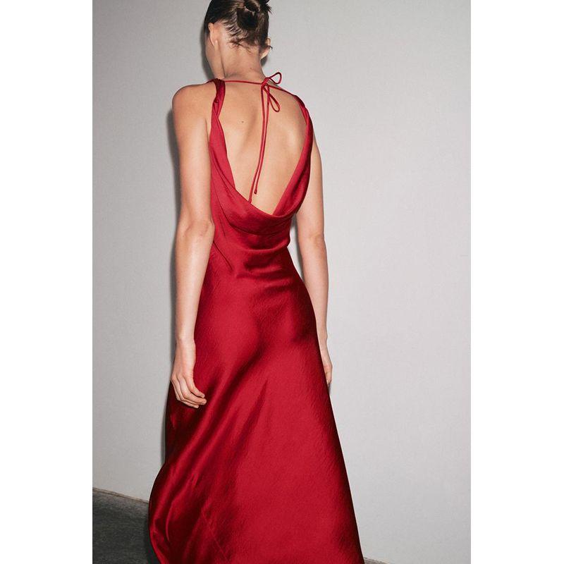 Spring and Summer A- line Asymmetric Hem Draped V Neck Wide Shoulder Strap Silk Satin Texture Length Dress 2590987