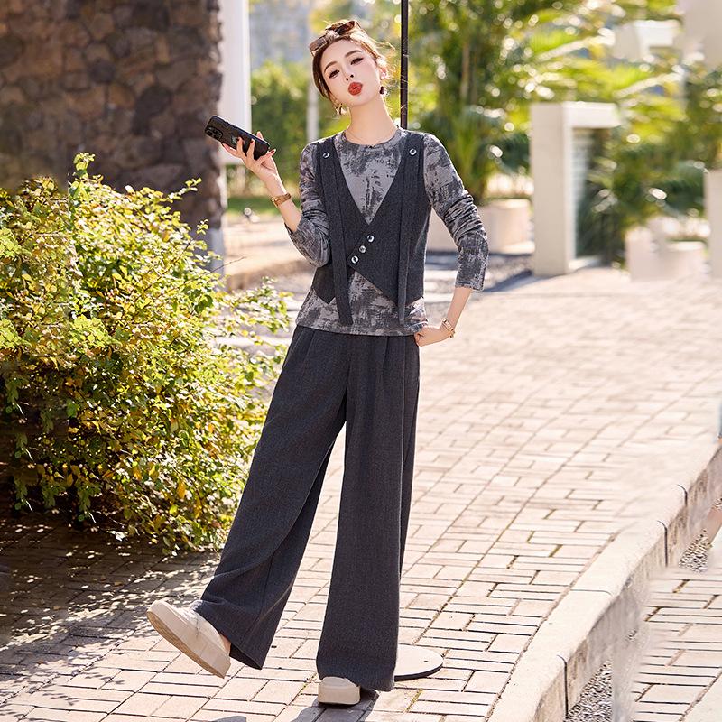 

Модный повседневный брючный костюм с широкими штанинами женский весенне-осенний новый контрастный топ-двойка из двух частей с эффектом двухслойности XXL серый