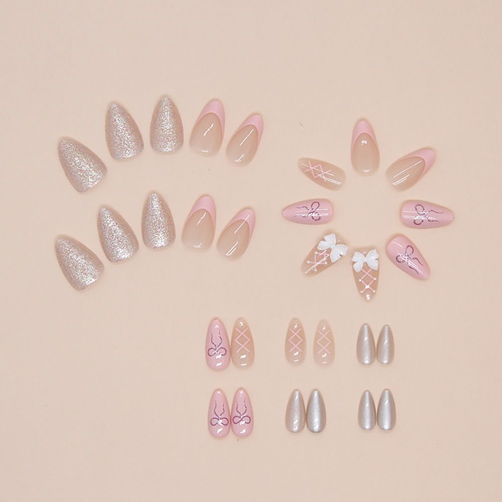 24/30PCS Reusable 3D Effect False Nail Pink Bow Glitter Fake Nail Full Cover Green Ripple Press on Nails for Women Girl