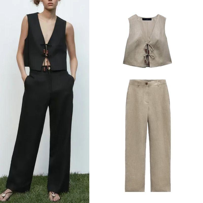 Spring New Arrival Casual Two-Piece Suit Beaded Linen Vest 7901322 Linen Wide Leg Pants 7901222