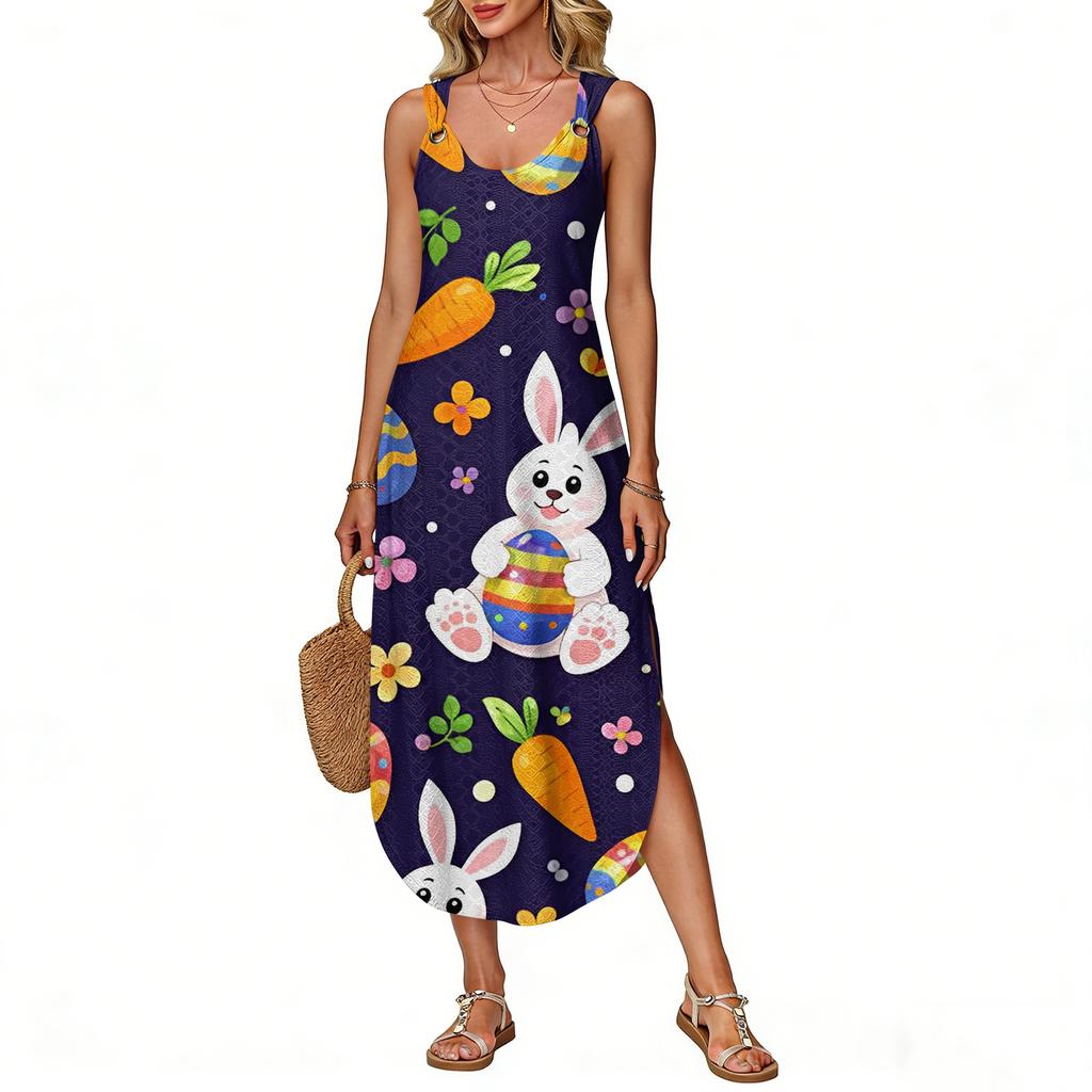 Robe d'été longue pour femme, sans manches avec fente latérale, longue robe débardeur imprimée pour Pâques