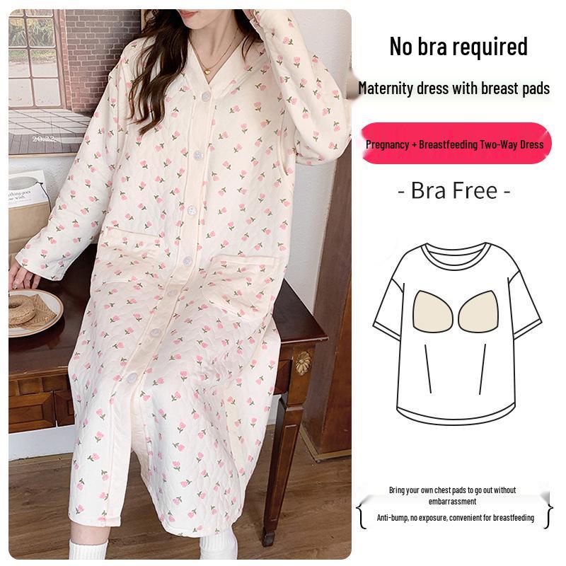 Umstandspajamakleid aus Luftbaumwolle für Herbst/Winter - Übergröße für pränatale, Krankenhaus- und postpartale/Stillzeit-Nutzung