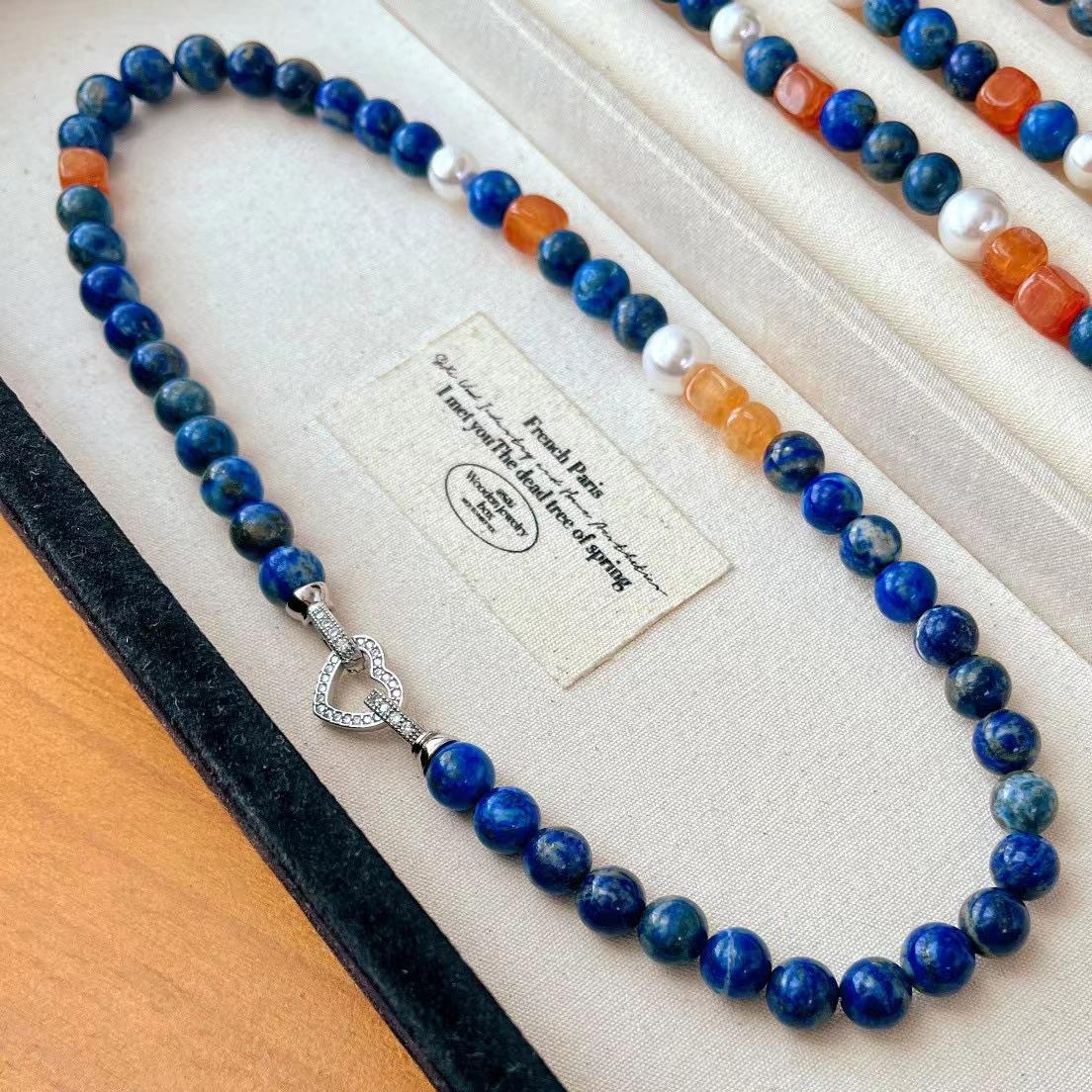 Retro Natural High-Quality Lapis Lazuli Agate Sugar Cube Collarbone Chain Necklace Niche Versatile