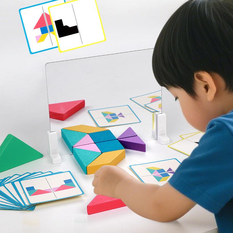 Children'S Tangram Building Block Mirror Puzzle Kindergarten Early Education Puzzle Geometric Shape Cognition Wooden Toy