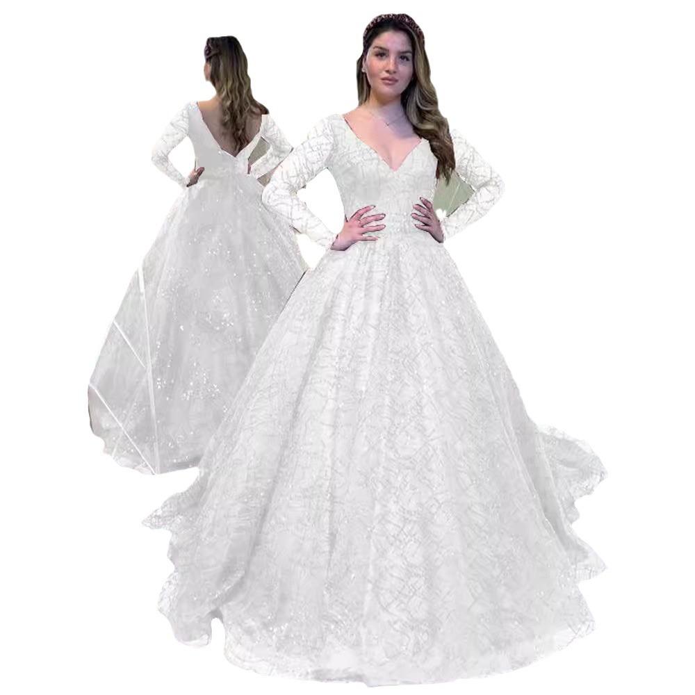 Blue Wedding Dress Autumn and Winter New Long-sleeved Bead Sequined Big Swing Dress Sexy V-neck Banquet Dress New