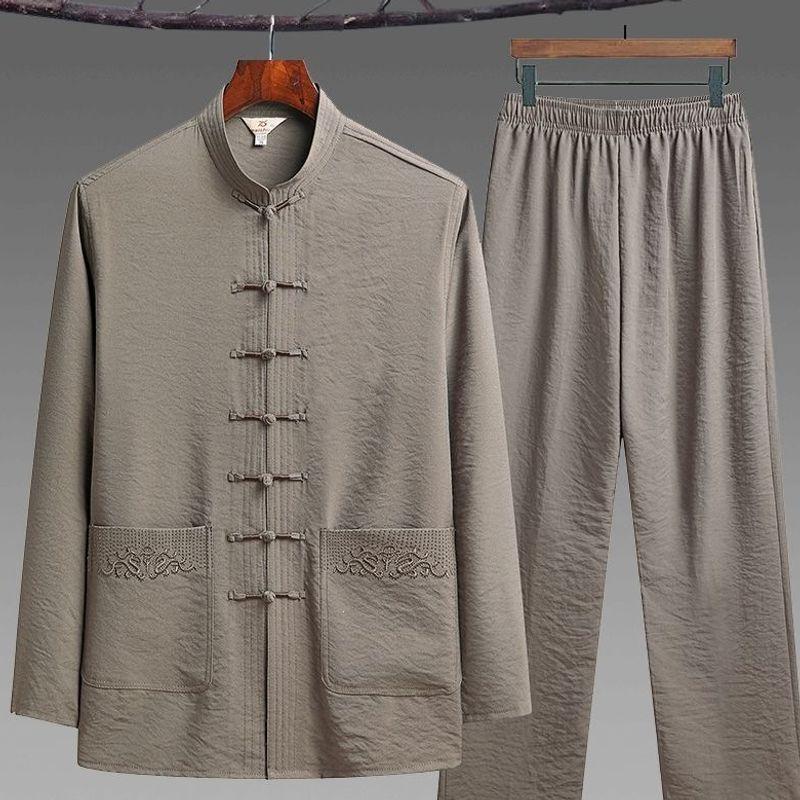 Men's Tang Suit Ice Silk Set - Long-Sleeve Chinese Tai Chi Hanfu for Spring/Summer