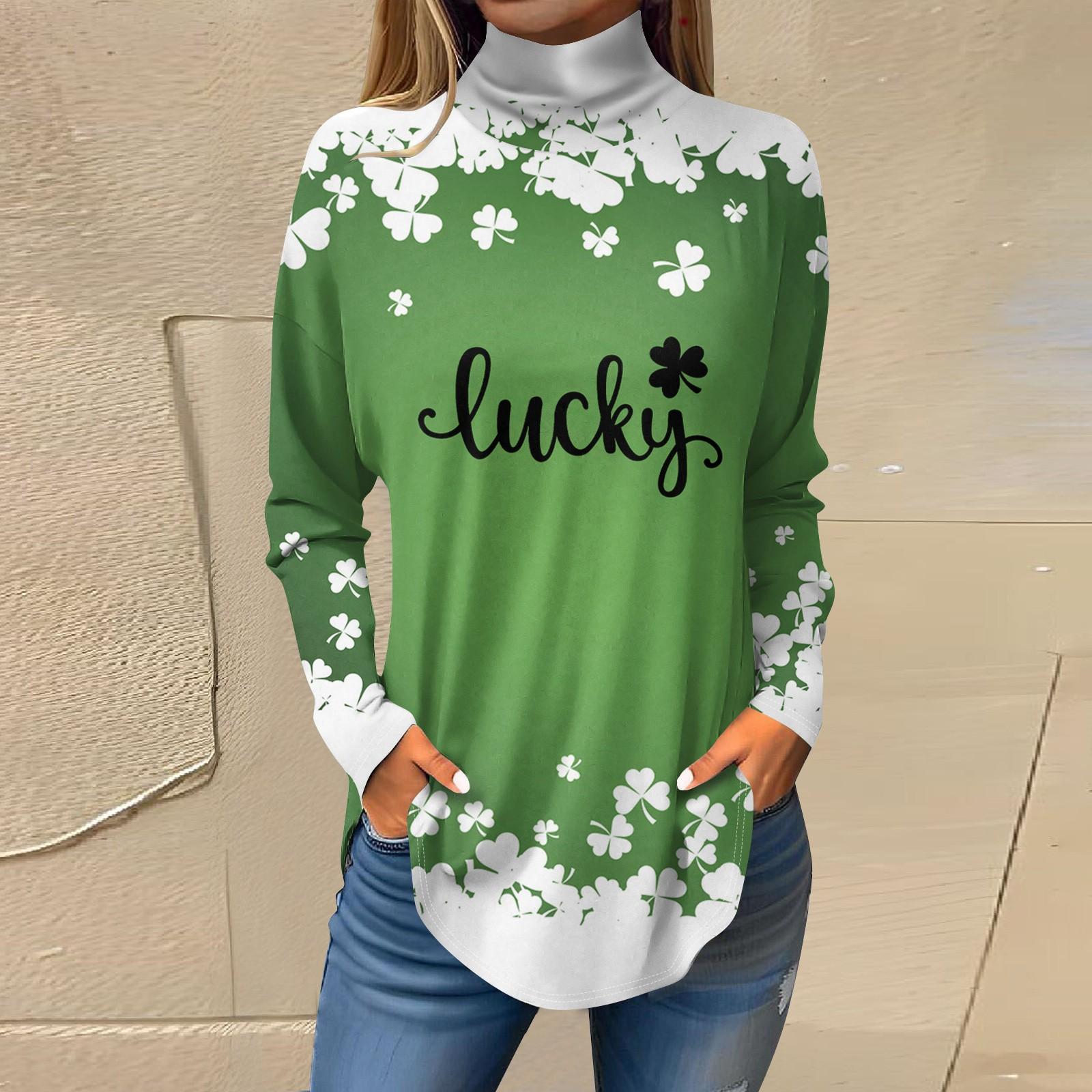 

Футболки для женщин, осенние повседневные рубашки с длинным рукавом, толстовка с принтом, топ с высоким воротом, пуловер St.. День Патрика XXXL