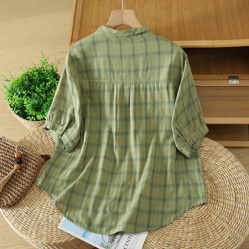 DIMANAF 2026 Plus Size Summer Women Blouse Shirts Tunic Oversize Loose Casual Cotton Lady Tops Vintage Plaid