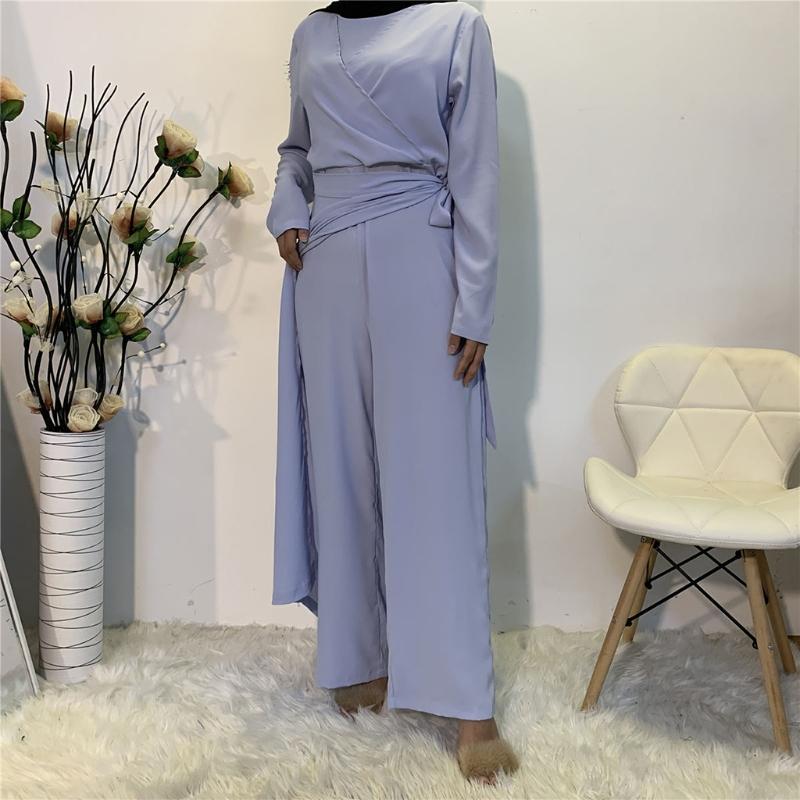 Muslimische Damenmode für Frische Einfarbige Overalls Kleider Abaya Dubai Türkei Islam Schnürung Hoher Bund Kleidung Langarm