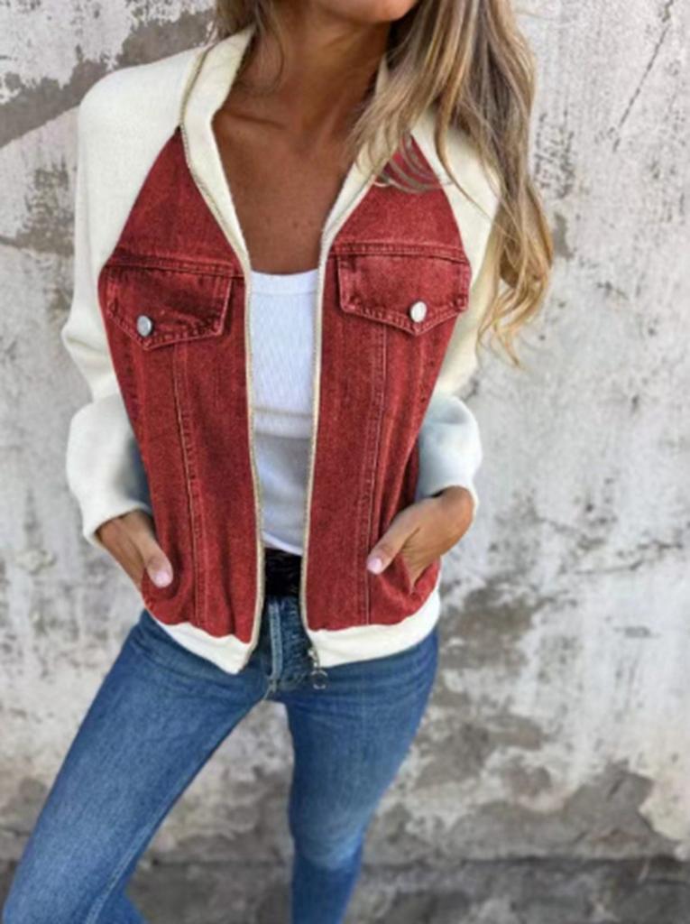 Women's Turn Down Collar Long Sleeve Denim Jacket Flared Hem Elegant Style Patchwork Zip Up Bomber Jacket Solid Color Spring Casual Outerwear