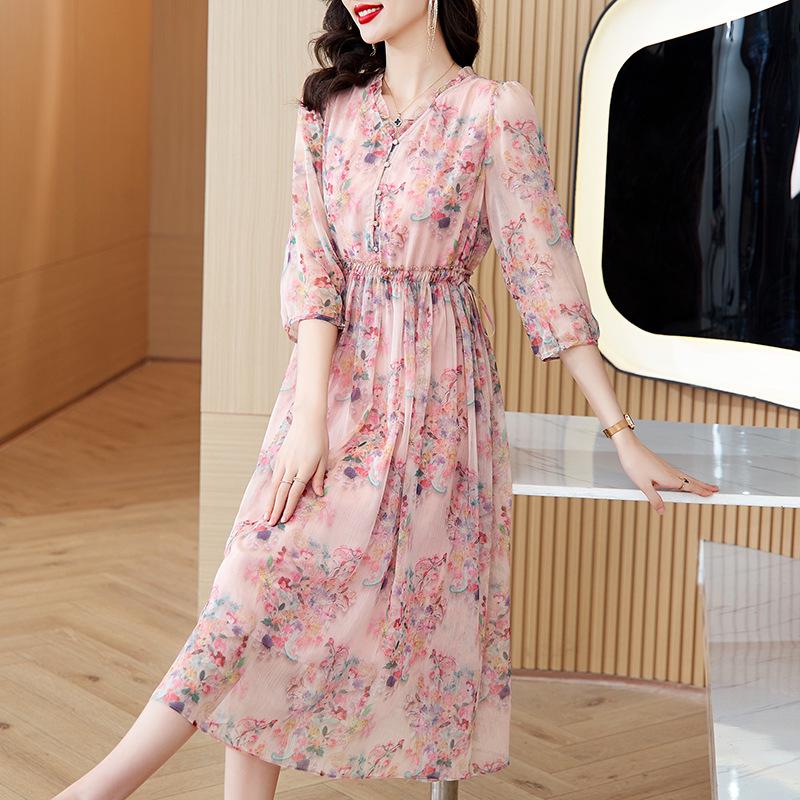 Elegant Floral Silk Summer Dress for Middle-Aged Women - 2026 Beach Vacation Style