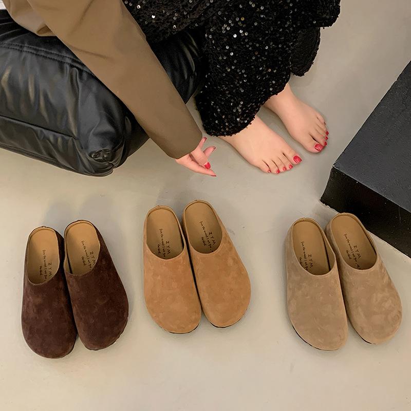 Papuci Boken retro din piele mată, cu un singur pedal, pentru femei, noi de toamnă 2024, anti-alunecare, casual, cu vârf acoperit, papuci jumătate