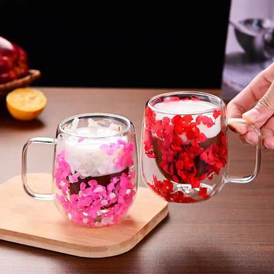 Taza de Cristal de Doble Pared con Floral Interior Aislada Resistente al Calor Taza para Té Latte 250ml Taza de Café Linda para Bebidas Calientes Frías
