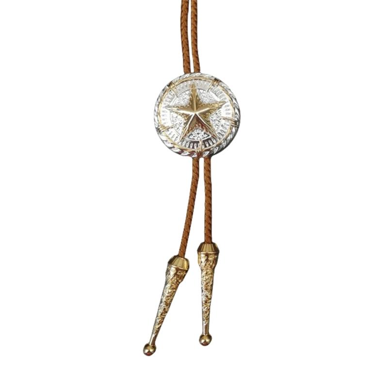 

Western Styles Bolo Tie for Men and Women Metal Star Badge Pendant Braided Leather Cord Necktie Music Festivals Necklace