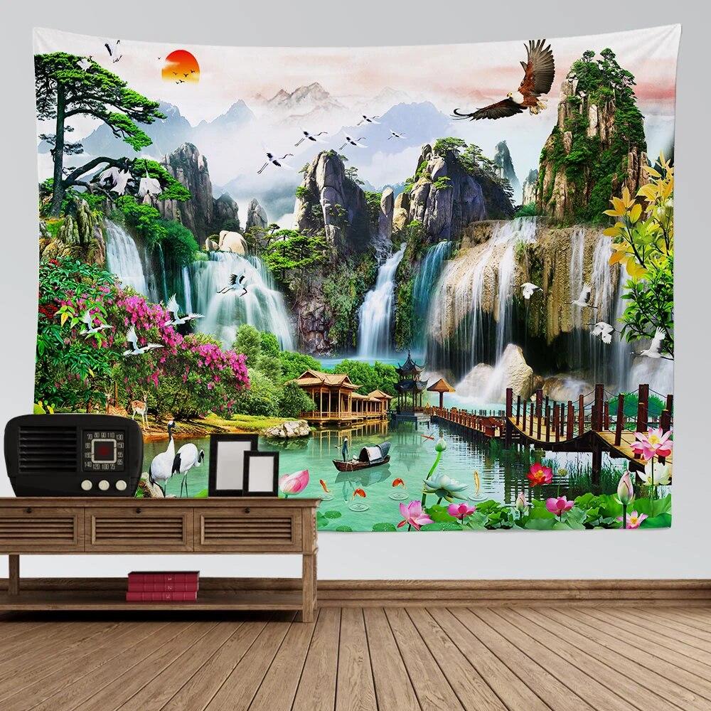 Naturalny krajobraz gobelin pokój estetyczna dekoracja górski wodospad ptak zachód słońca kwiat ściana wisząca dekoracja domu