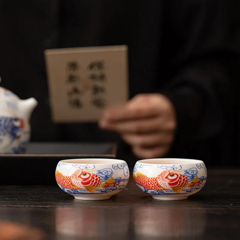 1pcs Chinese Style Fish Tea Cup White Ceramic Kung Fu Teacup Tea Set Household Small Cup Ceramic Teaware Gift 2025 New