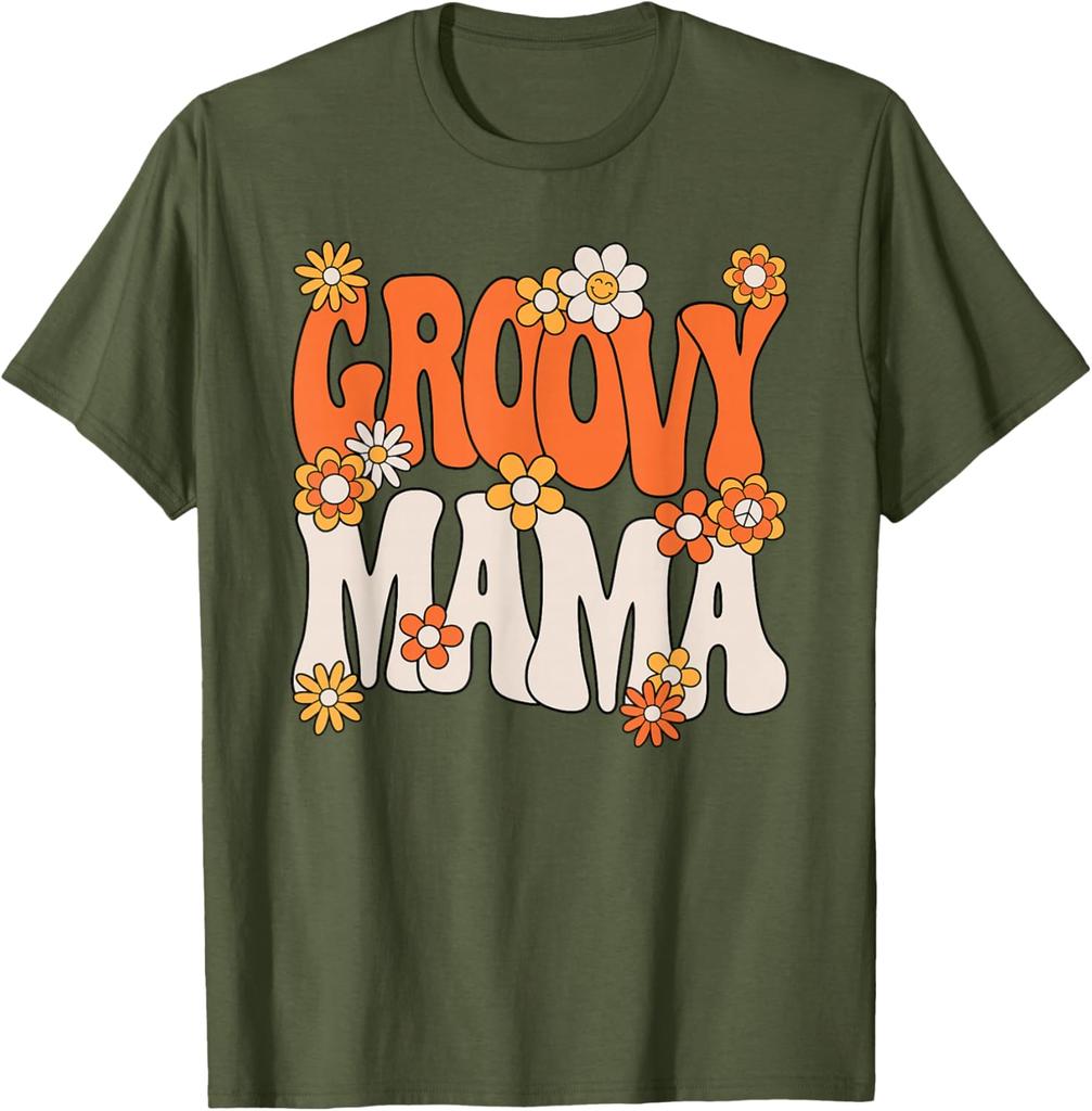Groovy Mama Hippie 70s Retro Floral Print Cotton Graphic T-Shirt Casual Women Tee