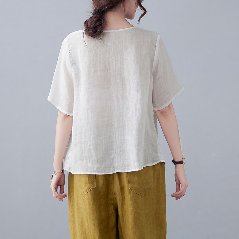 Pull Manches Courtes Chemise Coton Lin Femme Littéraire Rétro Brodé Haut T-shirt Été
