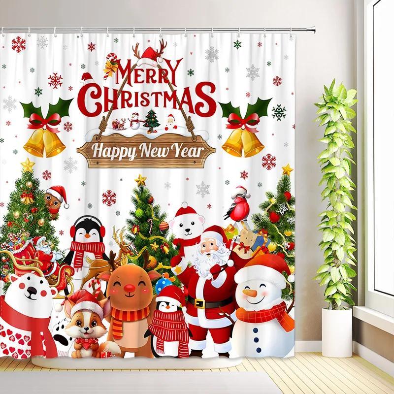JY01Christmas Cute Snowman Shower Curtains Santa Claus Winter Snowflake Snow Scenery Cedar Reindeer Xmas Bathroom Decor With H@1