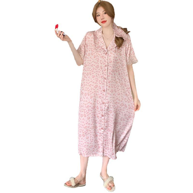 Summer Leopard Print Lace Ice Silk Nightgown - Women's Luxury Short Sleeve Sleepwear