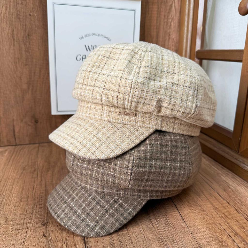 British retro plaid woolen newsboy hat women's metal standard octagonal hat beret autumn and winter cap modifying face shape