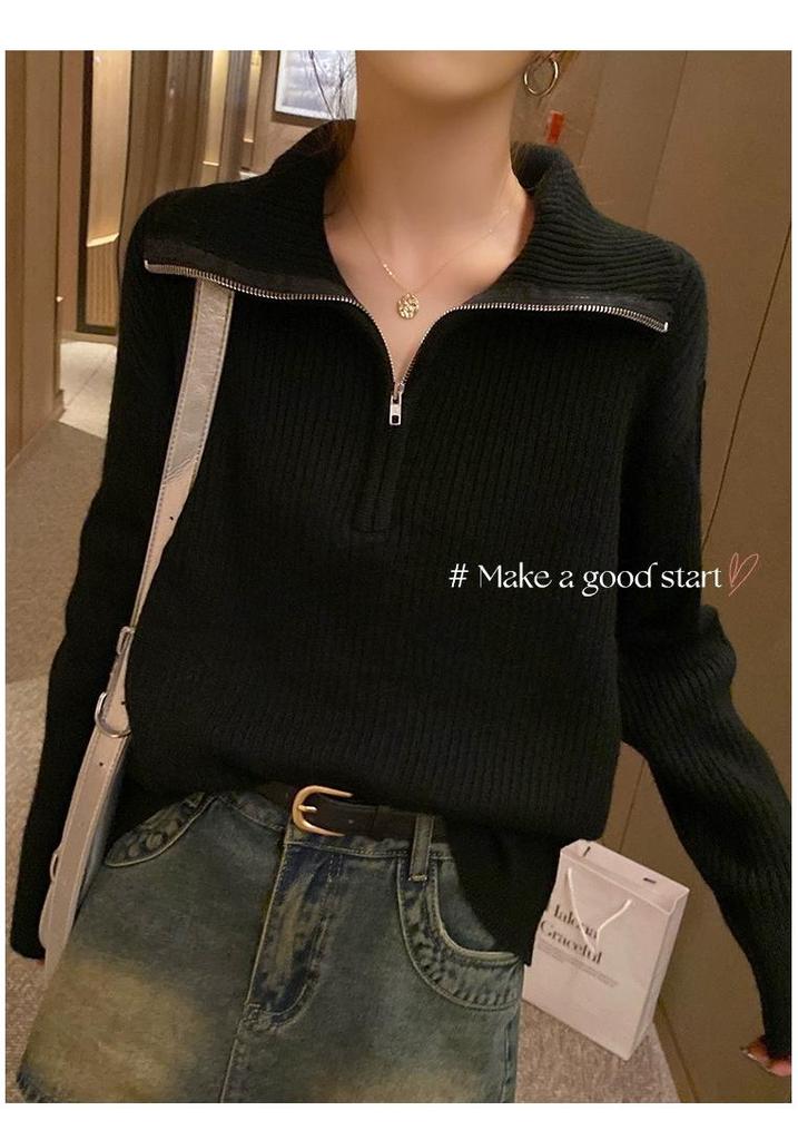 Women's Half-Zip Sweater, Loose Knitwear with Lapel Design, for Spring and Autumn 2026.