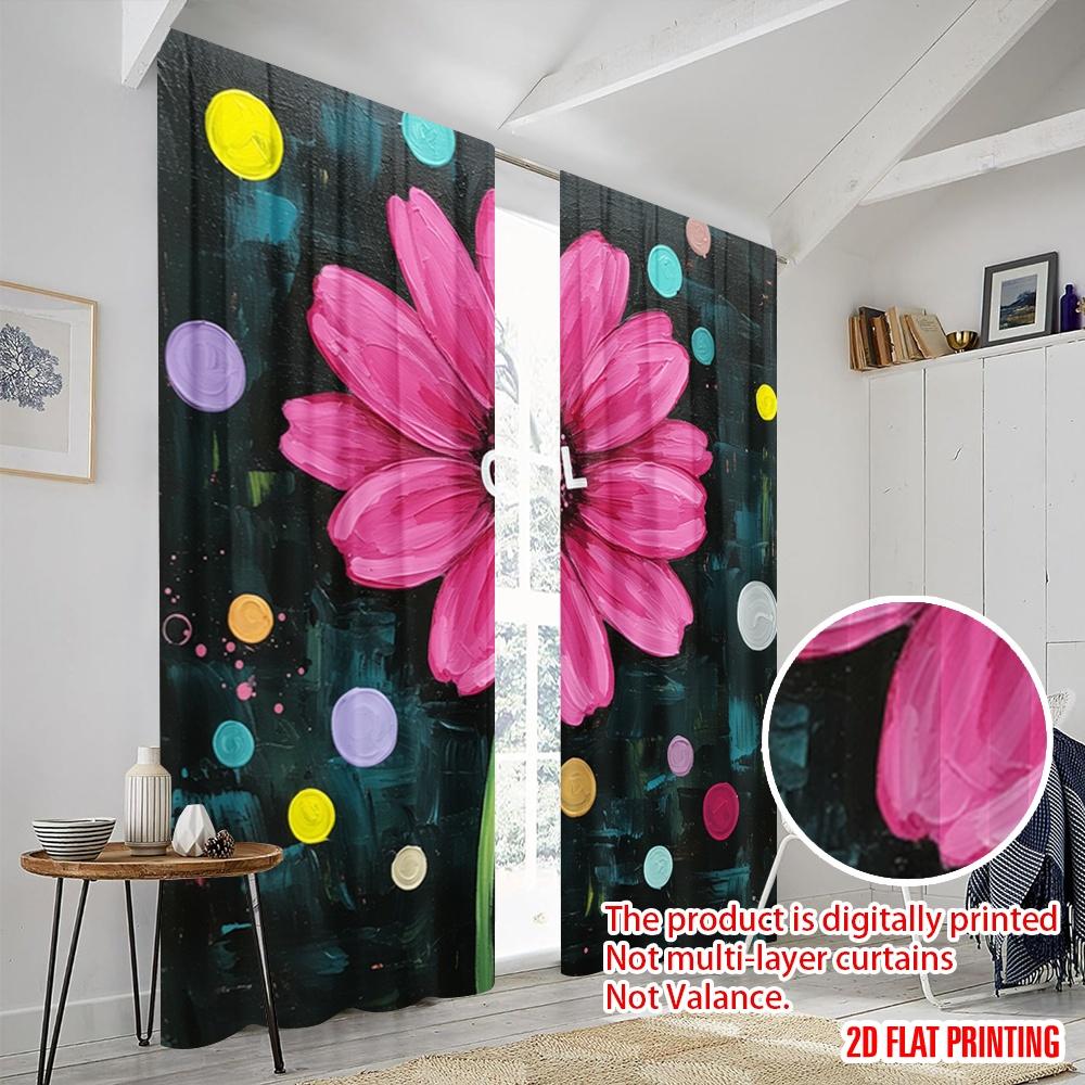 2pcs 2D Flat Printing Party Curtains Pink Flower Cool Polyester Without Electricity Festive Wall Decor Perfect for Holiday