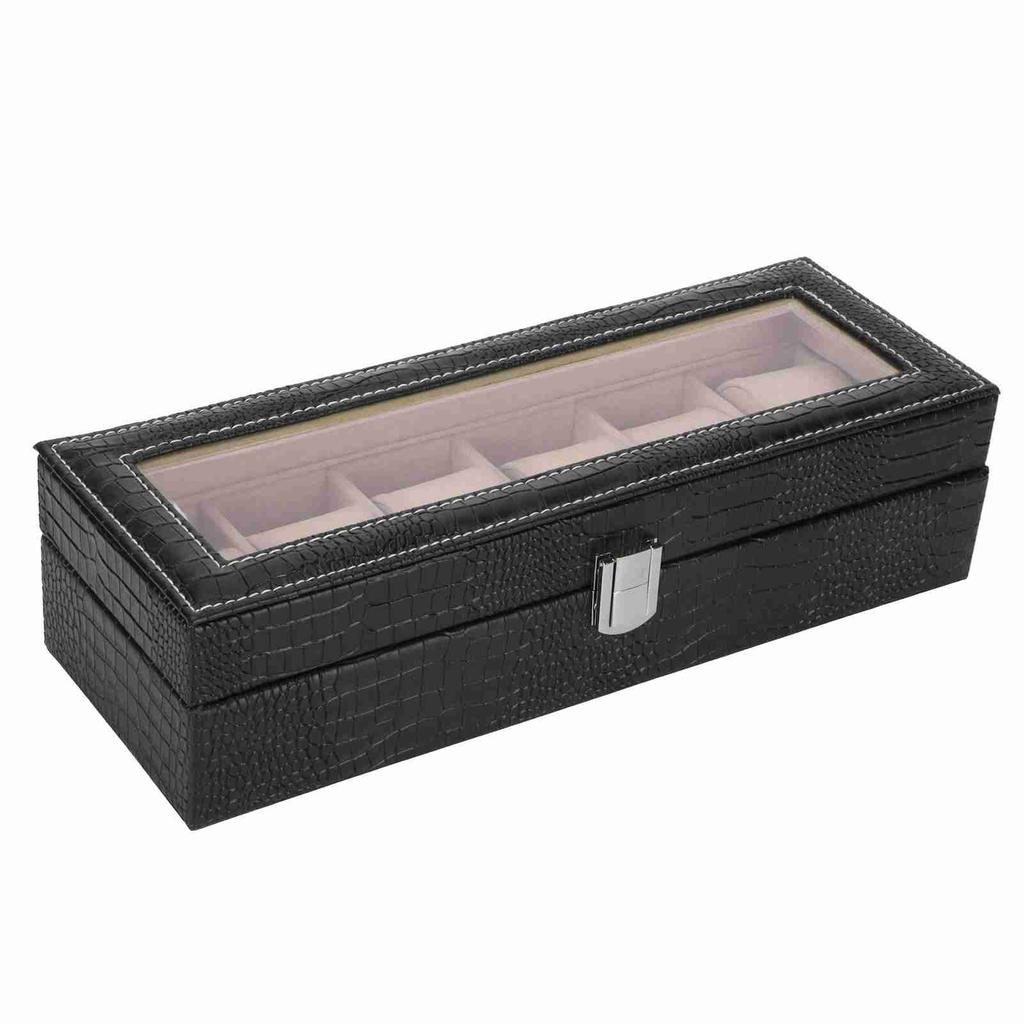 6-Slot Watch Box PU Leather Rectangular Wristwatch Display Case Organizer Gift Black