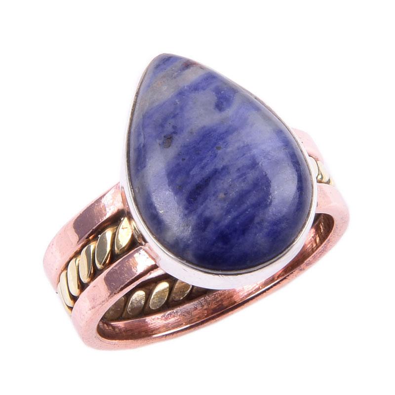 Natural Sodalite Gemstone Handmade 925 Sterling Silver Two Tone Ring S.6.5 p8H91