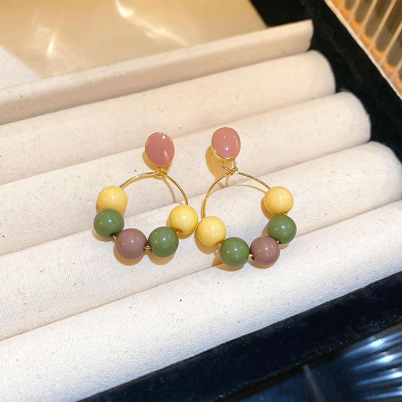 Small Fresh Drip Oil Candy Color Beaded Geometric Silver Needle Earrings Sweet Internet celebrity Versatile Earrings