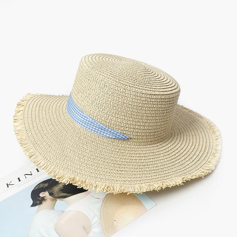 Straw Hat Seaside Hat Strapped Straw Hat Women's Summer Travel Sun Protection Beach Sun Hat Lace Edge Sun Hat