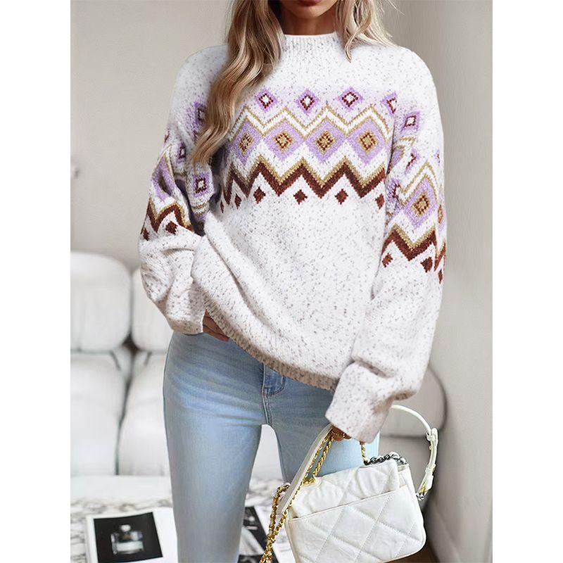 Cross-Border European and American Autumn and Winter New Fashion Half High Collar Geometric Pattern Loose Long Sleeves Snowflake Sweater Sweater