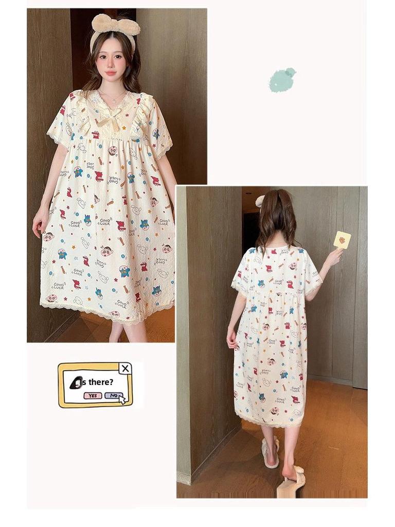 Słodka, letnia koszula nocna w stylu księżniczki z kreskówek, duży rozmiar, krótki rękaw, średnia długość