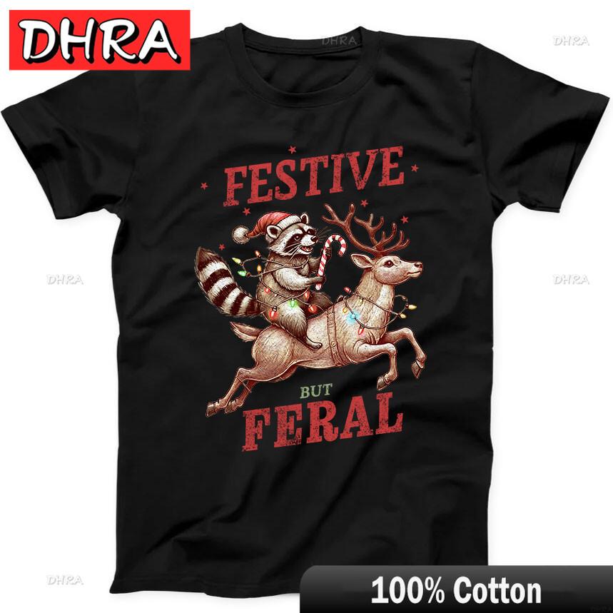 Christmas Raccoon Feral Festive Funny Gift Black Tee T Shirt Nostalgic Clothing Tees for Weekend Style TShirt Femme Nostalgia 4XL