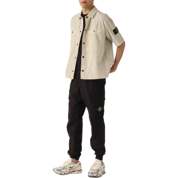 STONE ISLAND Ss25 Koszula Męska z Nadrukiem Logo, Dopasowana, Rękawy Raglanowe, Krótki Rękaw, Jasnobeżowa K1S151200029S00WN-V0195