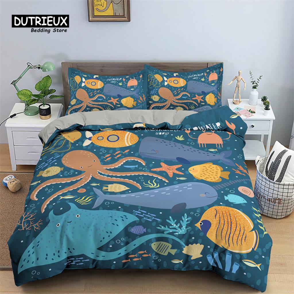 Cartoon Fish Dolphin Turtle Ocean Toddler Bedding Set For Kids Marine Themed Duvet Cover Microfiber Sea Creatures Quilt Cover