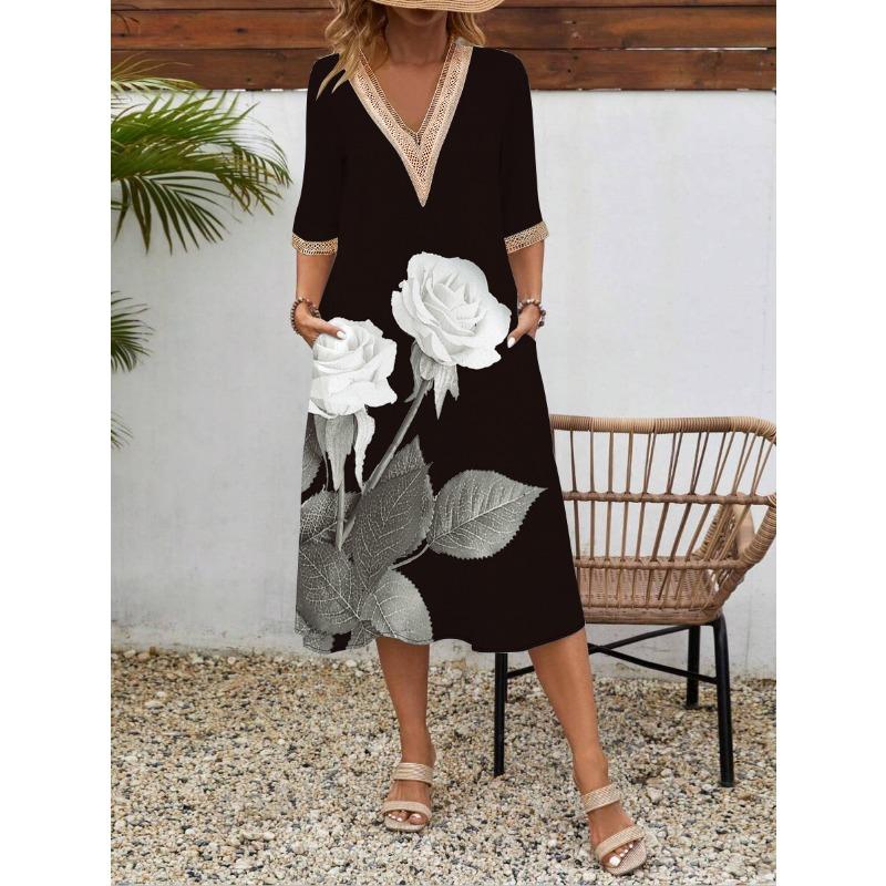 

Женское весенне-летнее платье с короткими рукавами и принтом, кружевное платье с V-образным вырезом и короткими рукавами средней длины XXXL