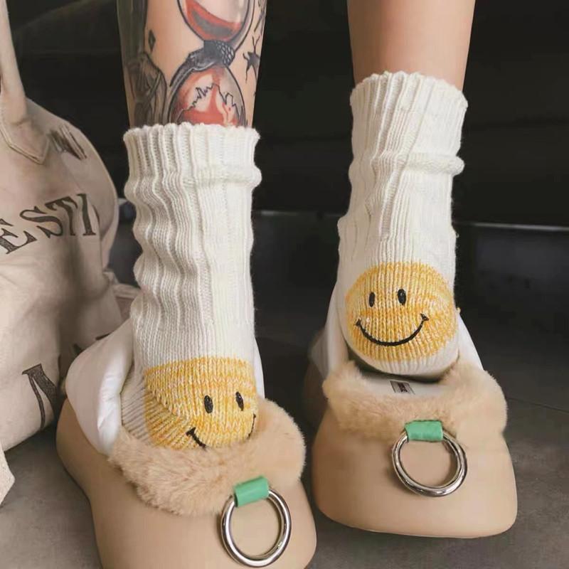Hirata And Hiroshi Wool Thick Needle Smiley Face Heel Thick Workwear Color-Blocking Striped Mid-Leg Socks Trendy Socks