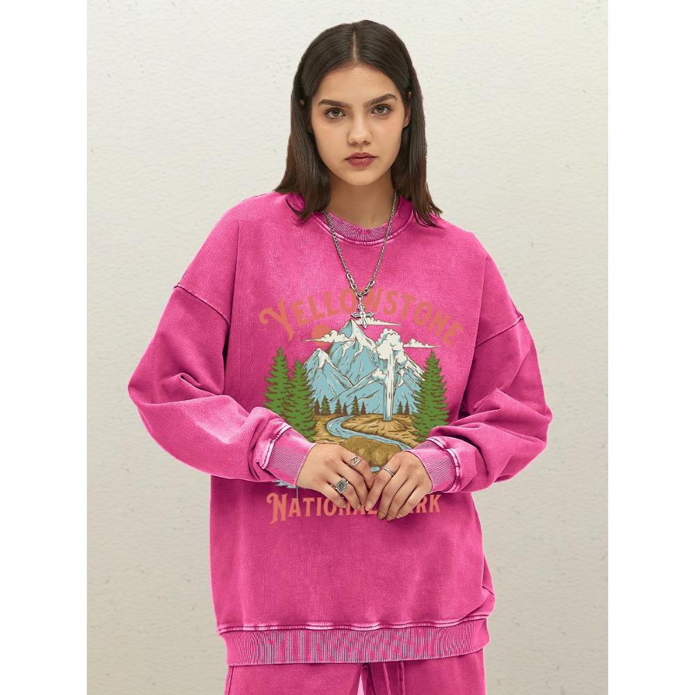 Yellow Stone National Park Printed Women Washed Sweatshirt Casual Cotton Streetwear Crewneck Pullover Autumn Clothes