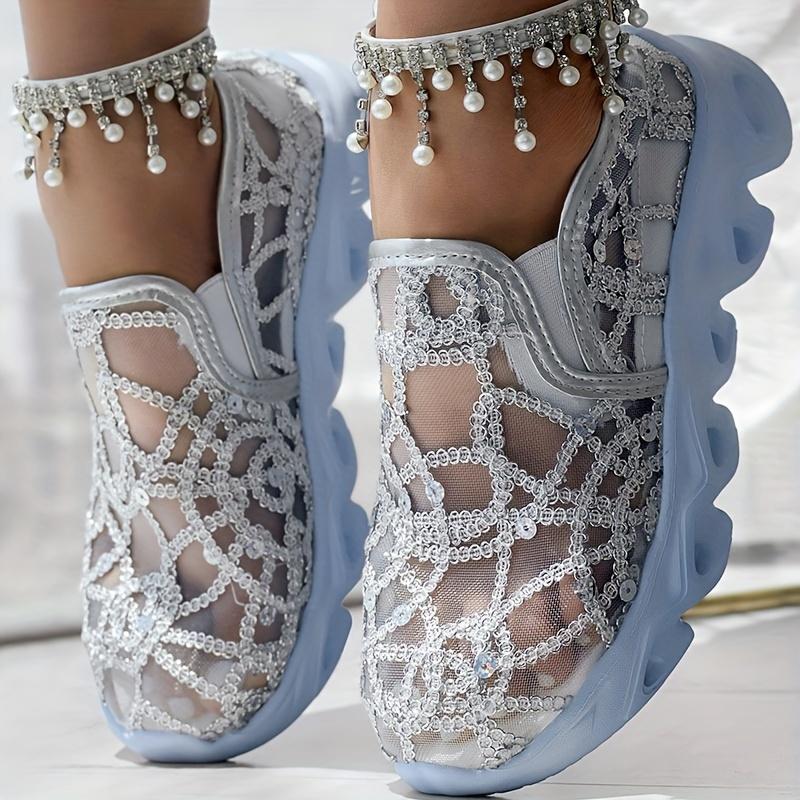 Women's Glitter Mesh Casual Sneakers with Sequin Lace-Up Design, Breathable Fabric Upper & PU Sole, All-Season Low-Top Comfortable Walking Shoes