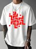 Unisex Summer Beige Short Sleeve Tee Red Arabic Geometric Line Graphic Print Crew Neck Loose Daily Casual Male Fashion Tops