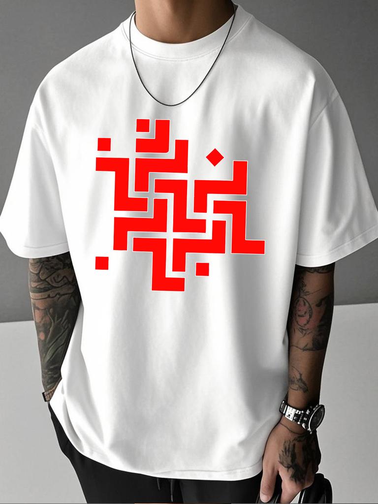 Unisex Summer Beige Short Sleeve Tee Red Arabic Geometric Line Graphic Print Crew Neck Loose Daily Casual Male Fashion Tops