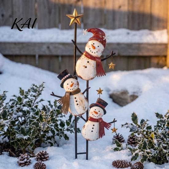 Decorative Holiday Post Vintage Metal Christmas Snowman Ground Stake, Distressed Yard Sculpture with Three Climbing Snowmen Entryway Decoration