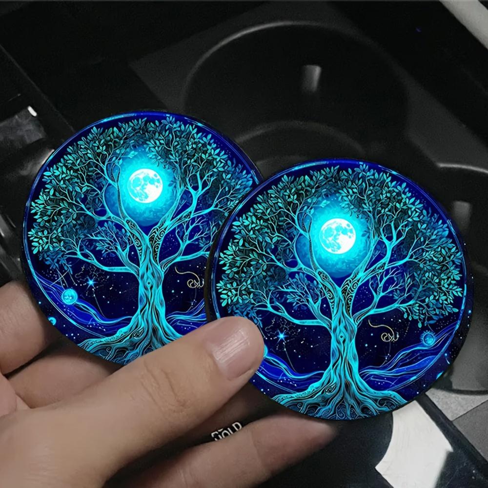 [Glowing Tree Cup Coasters] Blue Glowing Tree of Life Car Cup Holder Coasters | Washable Rubber Cup Mats